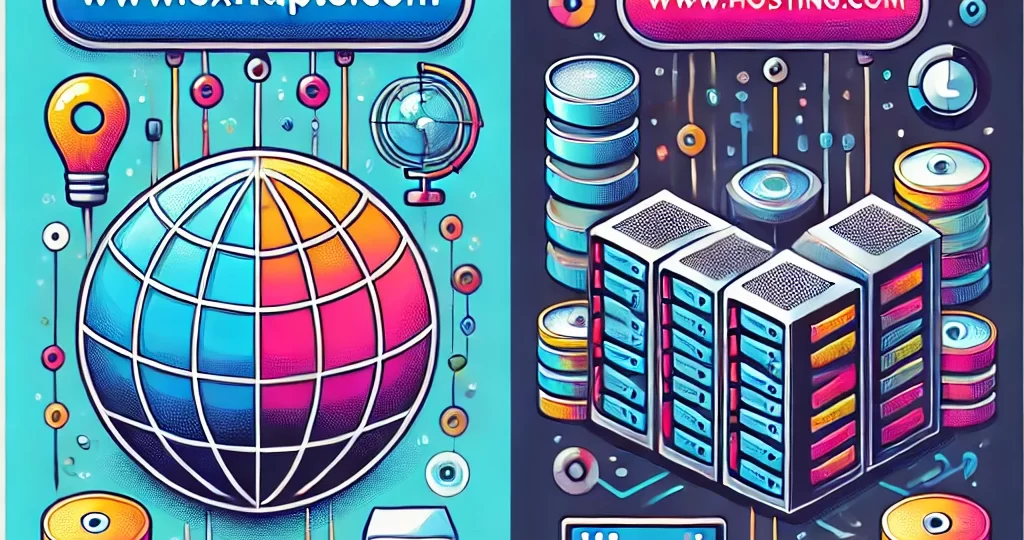 An illustration comparing a domain name and web hosting. On one side, show a URL or domain name (like www.example.com) connected to a globe, represent