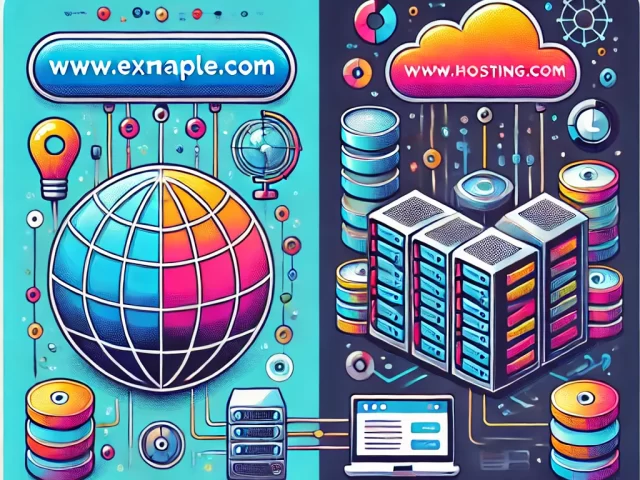 An illustration comparing a domain name and web hosting. On one side, show a URL or domain name (like www.example.com) connected to a globe, represent