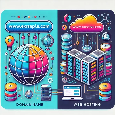 An illustration comparing a domain name and web hosting. On one side, show a URL or domain name (like www.example.com) connected to a globe, represent