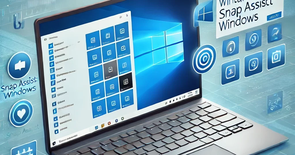 A visually engaging image featuring Windows tips and tricks, with a laptop screen displaying Windows interface elements. The screen shows multiple fea