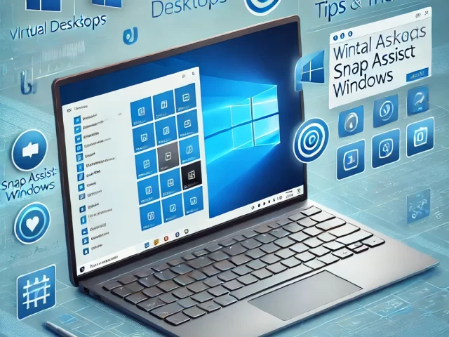 A visually engaging image featuring Windows tips and tricks, with a laptop screen displaying Windows interface elements. The screen shows multiple fea