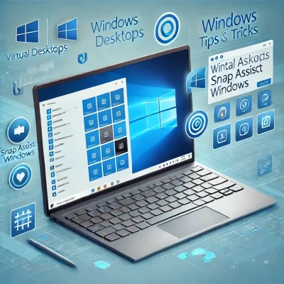 A visually engaging image featuring Windows tips and tricks, with a laptop screen displaying Windows interface elements. The screen shows multiple fea