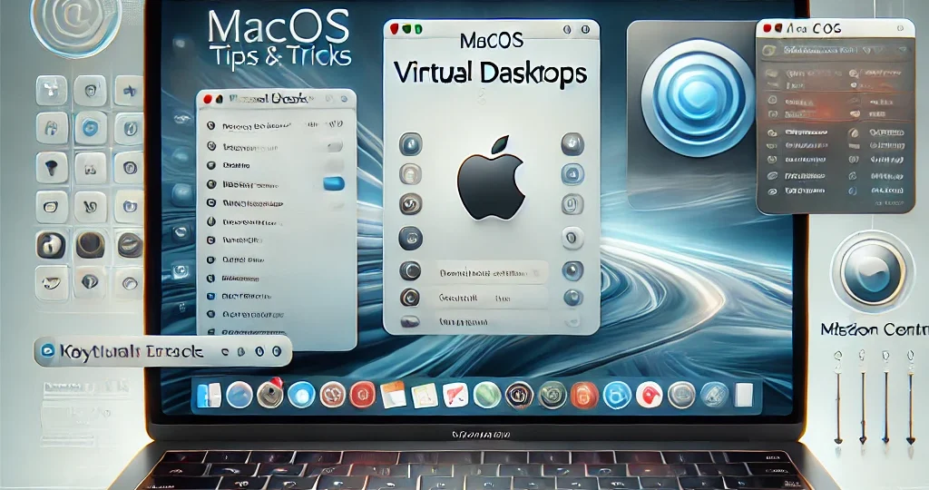 A visually engaging image featuring macOS tips and tricks, with a MacBook screen displaying macOS interface elements. The screen shows multiple featur