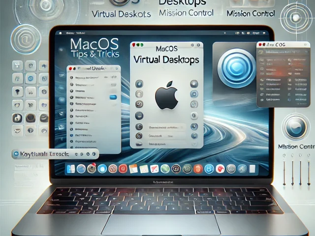 A visually engaging image featuring macOS tips and tricks, with a MacBook screen displaying macOS interface elements. The screen shows multiple featur