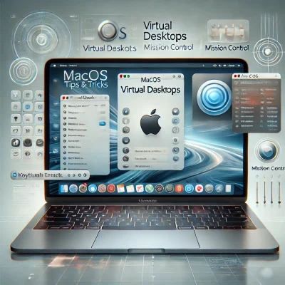 A visually engaging image featuring macOS tips and tricks, with a MacBook screen displaying macOS interface elements. The screen shows multiple featur